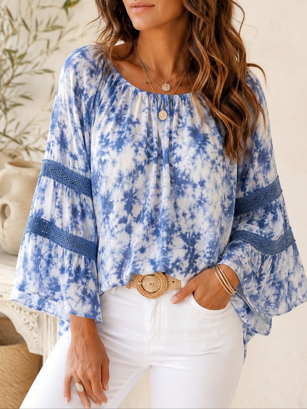 Studio 1886 Blue Tie Dye Lace Bell Sleeve Boho Tunic Top 3X